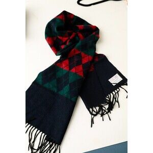 Lindsey Blake Cashmink Scarf red green argyle 12" x 52"